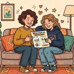 Uma mãe e a sua filha adolescente sentadas juntas num sofá aconchegante a celebrar alegremente a leitura de um documento de "RESULTADO DO SIMULADO" com a nota 9,4 e a mensagem "PARABÉNS!", rodeadas por corações e estrelas flutuantes.
