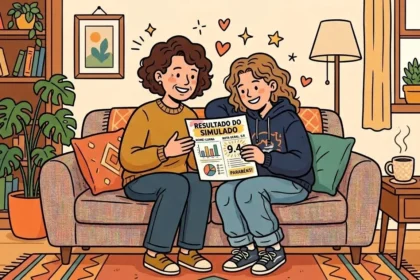 Uma mãe e a sua filha adolescente sentadas juntas num sofá aconchegante a celebrar alegremente a leitura de um documento de "RESULTADO DO SIMULADO" com a nota 9,4 e a mensagem "PARABÉNS!", rodeadas por corações e estrelas flutuantes.