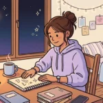 Uma jovem de casaco roxo sentada à sua escrivaninha à noite, fechando com satisfação o seu caderno de estudos ao lado de uma xícara quente, pilhas de livros e uma janela que mostra o céu estrelado.
