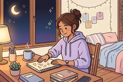 Uma jovem de casaco roxo sentada à sua escrivaninha à noite, fechando com satisfação o seu caderno de estudos ao lado de uma xícara quente, pilhas de livros e uma janela que mostra o céu estrelado.