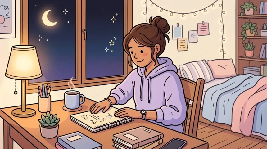 Uma jovem de casaco roxo sentada à sua escrivaninha à noite, fechando com satisfação o seu caderno de estudos ao lado de uma xícara quente, pilhas de livros e uma janela que mostra o céu estrelado.
