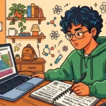 Um estudante de óculos e moletom verde consultando a tabela periódica na tela do notebook e fazendo anotações em seu caderno sobre propriedades atômicas, em uma escrivaninha decorada com temas científicos.