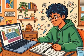 Um estudante de óculos e moletom verde consultando a tabela periódica na tela do notebook e fazendo anotações em seu caderno sobre propriedades atômicas, em uma escrivaninha decorada com temas científicos.