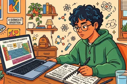 Um estudante de óculos e moletom verde consultando a tabela periódica na tela do notebook e fazendo anotações em seu caderno sobre propriedades atômicas, em uma escrivaninha decorada com temas científicos.