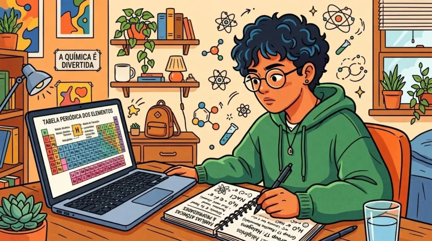 Um estudante de óculos e moletom verde consultando a tabela periódica na tela do notebook e fazendo anotações em seu caderno sobre propriedades atômicas, em uma escrivaninha decorada com temas científicos.