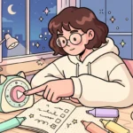 Uma jovem de óculos acionando um cronômetro em formato de gato sobre a mesa durante a noite, ao lado de um caderno com lista de tarefas, marcadores coloridos e uma caneca quente.