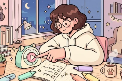 Uma jovem de óculos acionando um cronômetro em formato de gato sobre a mesa durante a noite, ao lado de um caderno com lista de tarefas, marcadores coloridos e uma caneca quente.
