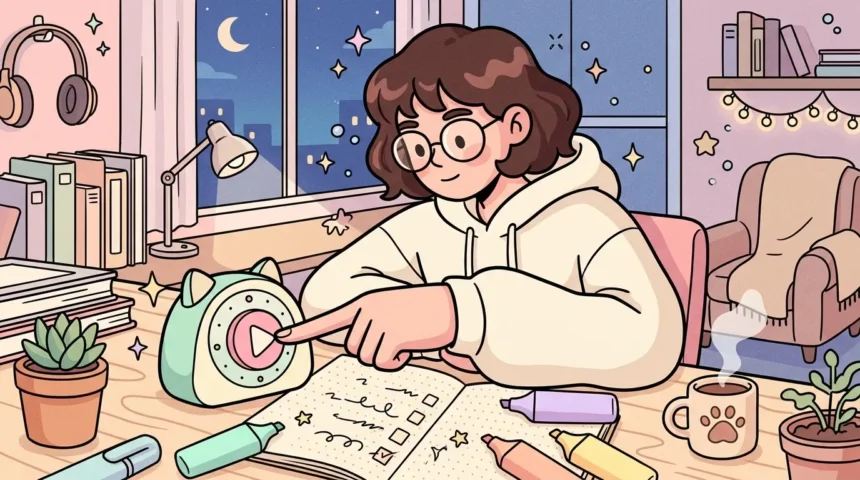 Uma jovem de óculos acionando um cronômetro em formato de gato sobre a mesa durante a noite, ao lado de um caderno com lista de tarefas, marcadores coloridos e uma caneca quente.